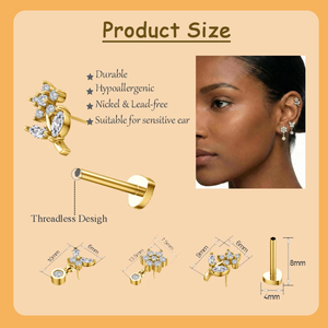 Lot de 3 clous d'oreille sans filetage pour femme, à dos plat, à enfiler, pour <span class=keywords><strong>piercing</strong></span> hélix, tragus, labret, conque, lobe, hypoallergéniques - Product Image 4