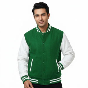 Plain Green Wool Canvas Stand Collar Custom Varsity Baseball <b>Jacket</b> for <b>Men</b> with <b>White</b> Sleeves - Product Image 1