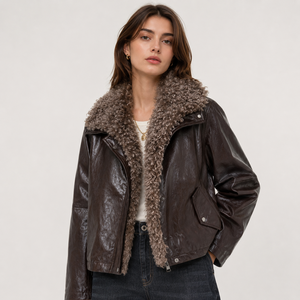 Women's Faux Leather Moto Jacket With Fur Trim <b>Winter</b> Bomber <b>Coat</b> <b>Thick</b> Windproof Regular Fit Full Sleeve Shearling Style - Product Image 1