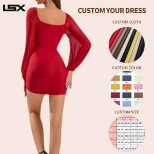 <span class=keywords><strong>Abito</strong></span> Corto da Donna in <span class=keywords><strong>Raso</strong></span> con Logo Personalizzato, Maniche Lunghe, Senza Spalline, Vita Naturale, per Feste e Club - Product Image 2