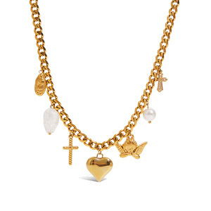 Charm Pendant Necklace 18K Gold Stainless Steel Heart Cross Pearl White Diamonds Party Jewelry - Product Image 1
