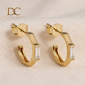 Pendientes de Aro Huggie de Oro Amarillo Sólido de 14 Quilates con Diamantes Cultivados en Laboratorio, Corte Brillante Baguette, Joyería de Lujo para Mujer - Product Image 1