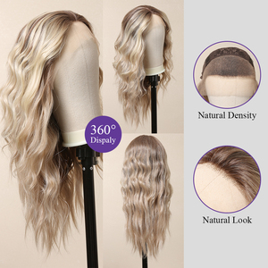 Perruque frontale en dentelle synthétique bouclée en fibre du japon, blonde brune 14x3, <span class=keywords><strong>cheveux</strong></span> ondulés naturels <span class=keywords><strong>mi</strong></span>-longs pour femmes blanches - Product Image 6