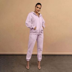 Ensemble jogging 2 pièces zippé pour femme, personnalisable avec logo, sweats à capuche et hoodies pour l'automne, style décontracté, vente en gros - Product Image 3