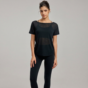 Tops de yoga para mujer al por mayor, con espalda hueca y abertura, transparencias, cuello redondo, de elastano/poliéster, manga corta, ligeros y de secado rápido - Product Image 4