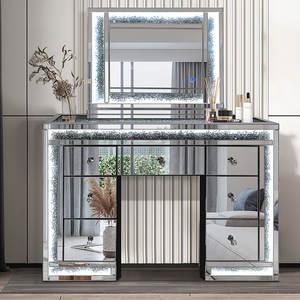 silver glitter dressing table * Monica Diamond Crush Mirrored 7 Drawer Dressing Table with a Diamond crush Top & Tri fold Mirror