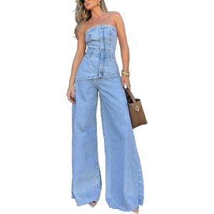 Ensemble en jean personnalisé pour femme, 2 pièces, haut épaules dénudées, jean large, tenue streetwear Y2K, tissu en coton lavable, détail boutonné - Product Image 4