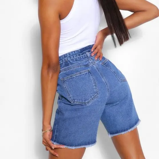 Summer Wear Hot Selling Women Denim Shorts Belted Fray Hem Mom Shorts Jeans Wholesale