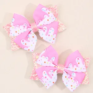 2Pcs Cute Pattern Hair Clips Customized Printed Grosgrain Ribbon Hair Bows for Kids Girl