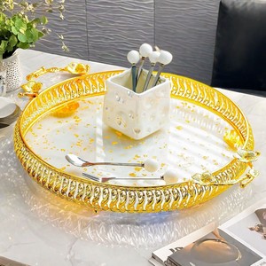 Metal <b>Serving</b> <b>Tray</b> With Floral Design <b>Gold</b> Plated Round <b>Tray</b> For Home Dining Table Decorative Fruit Plate Snack Dish Display - Product Image 1