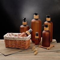 Botol Kemasan Kosmetik 250ml 500ml Botol Plastik Amber PET dengan Pompa Losion Bambu