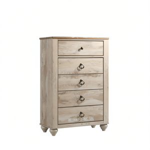Commodes modernes contemporaines à 5 tiroirs avec dessus en bois patché Imerland White Wash Finish - Product Image 1