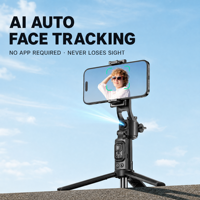Perche à selfie avec suivi automatique du visage par IA, stabilisateur de téléphone extensible 2-en-1 avec cardan 360°, 1,63 m °   Télécommande à commande gestuelle par rotation