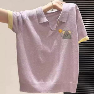 เสื้อโปโลถักสำหรับผู้หญิง สีม่วง ผ้าไหมน้ำแข็ง พิมพ์ลายสัตว์ เสื้อฤดูร้อน วัสดุบาง ๆ ชุดลำลอง - Product Image 1