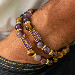 パープルゴールドOmegaa Phi Beta Alpha Phi Delta Sigma Psi男性ギリシャの友愛弾性ブレスレット翡翠天然石ビーズブレスレット - Product Image 3