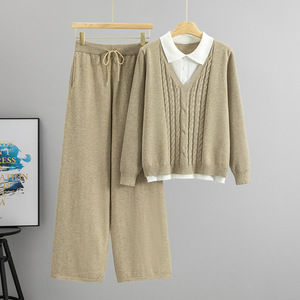 Conjunto de Suéter Tejido para Mujer, Cárdigan Holgado y Cómodo con Cuello en V, Pantalones Anchos de Pierna, Conjunto de Dos Piezas, Otoño Invierno 2026 - Product Image 1