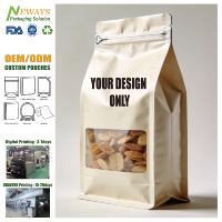 Sac en papier kraft biodégradable avec fenêtre, en matériau recyclé, imprimé sur mesure, fond plat, pochette autoportante pour emballage de boulangerie