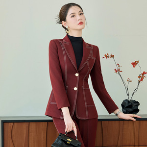 Women's Suit Set Navy Blue Two-Piece Formal Anti-Wrinkle Polyester Worsted Jacket Pants Professional Workwear - Product Image 3