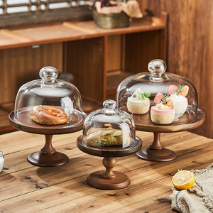 Assiette <span class=keywords><strong>à</strong></span> dessert ronde en bois d'acacia sur pieds hauts avec couvercle en verre, origine Chine, pour gâteau, <span class=keywords><strong>pain</strong></span>, fruits, en-cas - Product Image 3