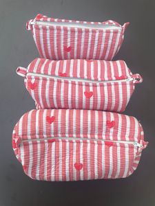 <b>Red</b> White Striped Cotton Women's Tote Bags Set Of Three With Heart Embroidery Fashion Style Decorative Cushions from India - Product Image 4