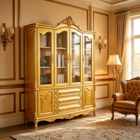 Bibliothèque de luxe européenne en bois massif, vitrine en verre sculptée dorée, armoire de rangement pour villa et maison, vente en gros