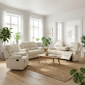 White Air Leather Reclining Sofa Set with Padded Arms and Pillow Back for Living Room Contemporary Style - Product Image 4