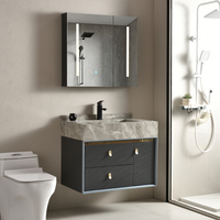 Meuble-lavabo mural moderne en acier inoxydable avec miroir, vasque en pierre, tiroirs à fermeture douce, design écologique et durable