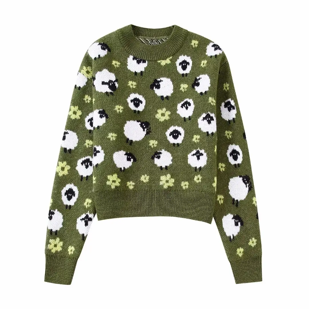 PB&ZA2022 Wholesale women's sweet little sheep print thickened round neck green sweater knitted sweater 5802138