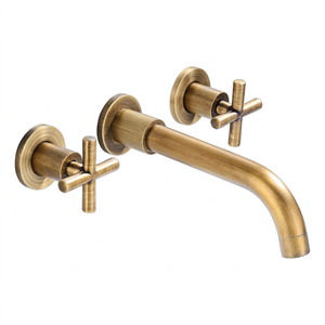 Grifo mezclador de latón para baño, montado en la pared, oro cepillado, agua fría y caliente, válvula de cerámica, doble manija, moderno, 3 orificios, para villa/hogar - Product Image 1