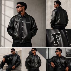 Giacca Varsity in Vera Pelle di Vacchetta Nera di Alta Qualità Personalizzata per Uomo, Stile Alla Moda con Lettere Ricamate - Product Image 3
