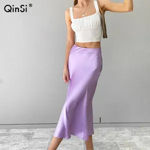 QINSI nuevo 2023 elegantes faldas de oficina para mujer Midi primavera mujer cintura alta verano Falda larga sólido púrpura satén seda falda