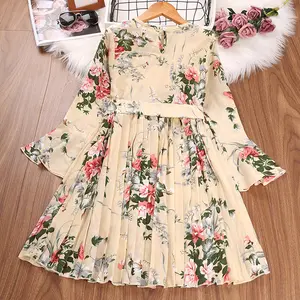 Çocuk kız giyim bahar güz butik 10-12Y yay parlama kol çiçek baskı elbise Girly giysi kızlar için elbiseler
