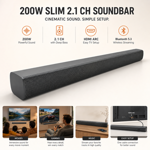 Barra de Sonido Delgada para TV de 200W, 2.1 Canales, con BT 5.3, <span class=keywords><strong>HD</strong></span> ARC, DSP de Voz Clara y Graves y Agudos Ajustables - Product Image 1