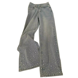 Calça Jeans Feminina de Cintura Alta, Lavagem Clara, Tamanho XL, Caimento Solto, Perna Larga, Elegante, com Aplicações de Strass, Comprimento Total - Product Image 1