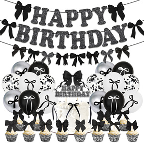 Nueva llegada negro Bowknot Glitter '<span class=keywords><strong>Feliz</strong></span> <span class=keywords><strong>cumpleaños</strong></span>' carta Banner mejor amigo chica fiesta suministros para el hogar telón de fondo Baby Shower - Product Image 1