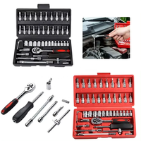 Kit d'outils de réparation automobile multifonctionnel 46 pièces CR-V rouge avec étui rigide, jeu de clés à douilles métriques et rallonges à cliquet