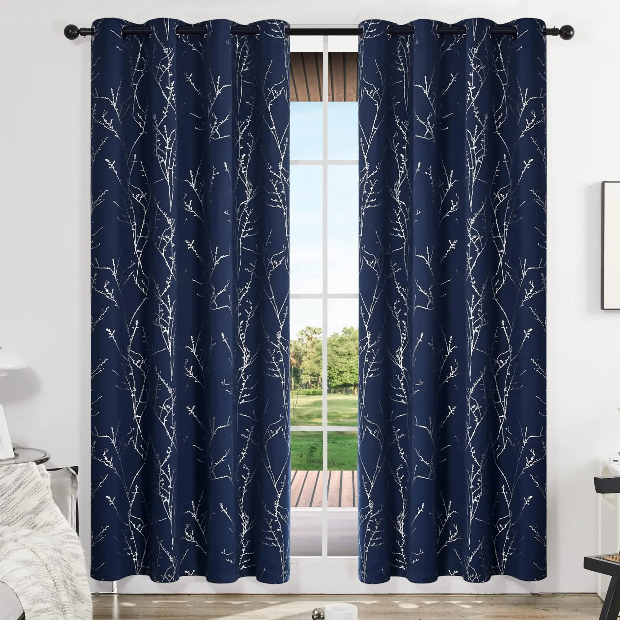 Décor à la maison bleu marine argent branche d'arbre imprimé rideau occultant tissu salon chambre Polyester fenêtre rideaux