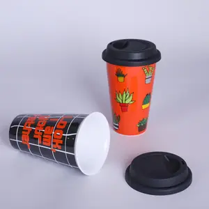 便宜的可重复使用的双壁陶瓷旅行杯制造商陶瓷咖啡杯马克杯带硅胶盖