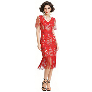 Cocktail Skirt 1920s Vintage <b>Sequined</b> Tassel V-Neck Sheath Evening Gown Natural Waistline S-4XL - Product Image 3