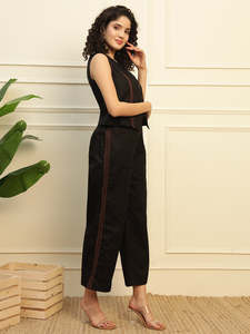 Deebaco Women's Black Solid Short Sleeveless V-Neck <b>Blazer</b> Wide Leg Trousers Two Piece Cotton Summer Western Outfit - Product Image 3