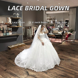 Nuovo <span class=keywords><strong>Abito</strong></span> da Sposa di Lusso Moderno a Linea A Manica Lunga Bianco con <span class=keywords><strong>Fiori</strong></span> in Pizzo a Strati Taglie Forti Lunghezza Pavimento Applicazioni Naturali - Product Image 3