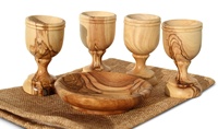 Ensemble de coupes de communion en bois d'olivier, six coupes et une grande assiette à pain pour le vin, les boissons, 10 mini-coupes de sainte eucharistie