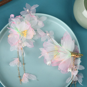 Nouvelles pinces à cheveux en tulle rose faites à la main, accessoires capillaires élégants et féériques, ornements capillaires de style chinois traditionnel - Product Image 2