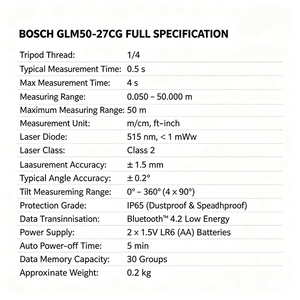 <span class=keywords><strong>Télémètre</strong></span> laser <span class=keywords><strong>Bosch</strong></span> GLM50-27CG à faisceau vert, transfert de données, haute précision, instrument de mesure de distance laser 50 m - Product Image 5