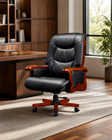 Chaise de bureau de direction noire rembourrée avec accoudoirs en bois massif et base roulante à cinq branches en bois