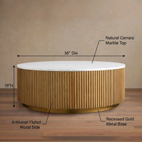 Table basse ronde sculpturale en marbre de Carrare, base en chêne cannelé de luxe, table centrale moderne et unique pour salon