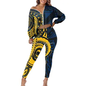Conjuntos femininos personalizados com estrias douradas padrão polinésio jaqueta casual de manga comprida com zíper para mulheres conjuntos de ioga 2 peças outono