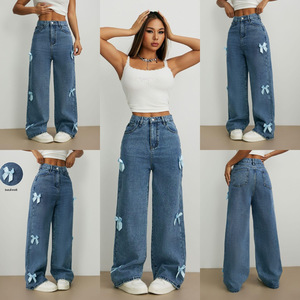 J60-2 <span class=keywords><strong>Jean</strong></span> large pour femme au design chic, avec nœud décoratif, coupe droite, en denim délavé, taille haute, décontracté - Product Image 3