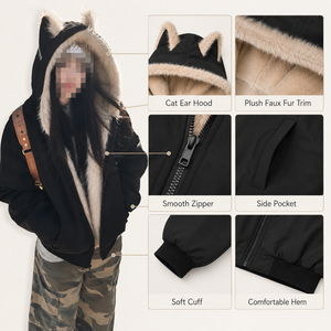 Veste à capuche avec oreilles de chat pour <span class=keywords><strong>femme</strong></span>, <span class=keywords><strong>manteau</strong></span> d'hiver <span class=keywords><strong>noir</strong></span> avec doublure douce et poches - Product Image 3