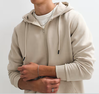 Sweat à capuche zippé oversize beige pour homme - 100% coton molletonné, veste décontractée pour l'entraînement